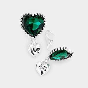 May Birthstone Heart Dangle Clip On Earrings NWT